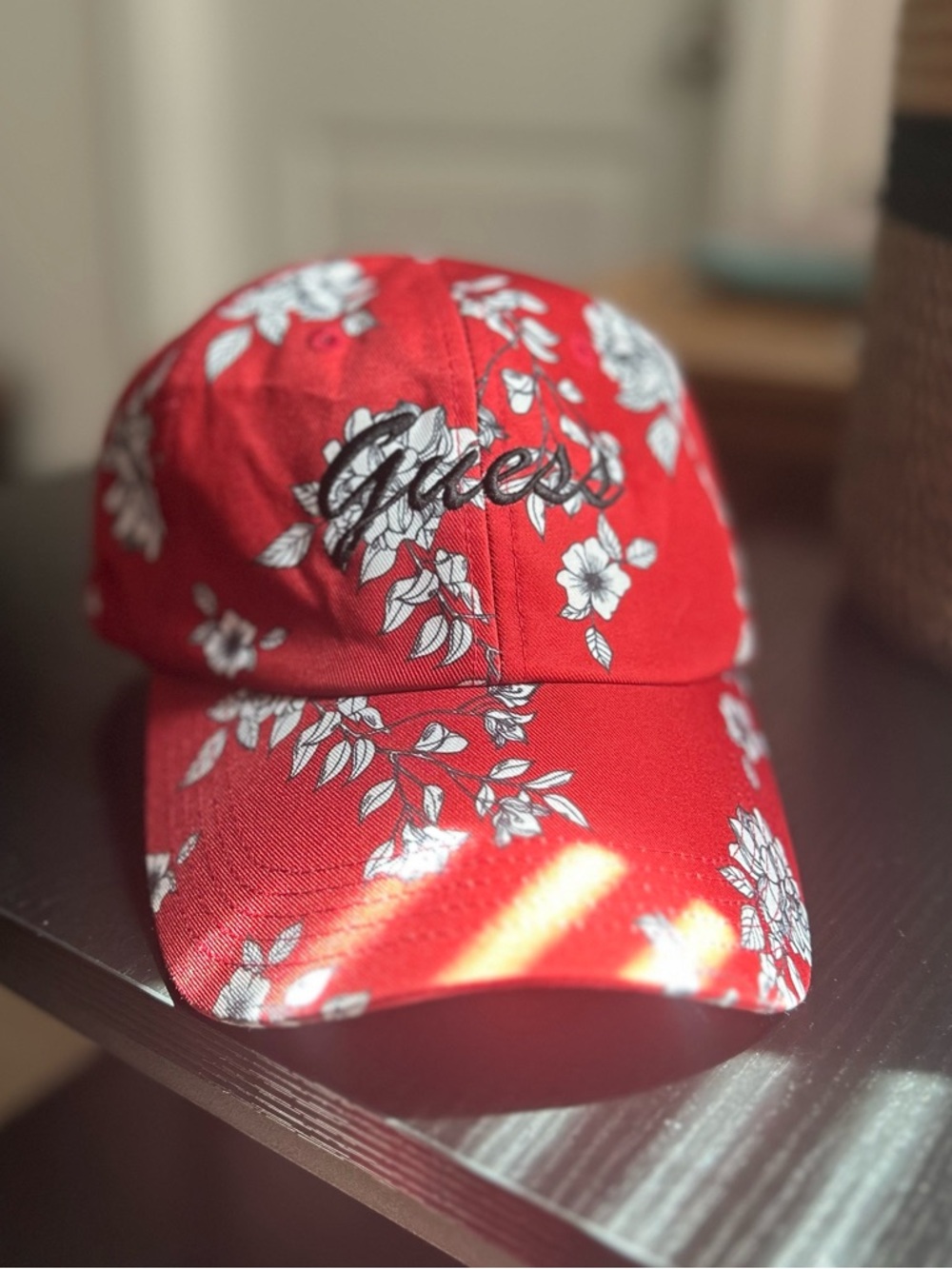 Guess Red Floral Baseball Cap with White Flower Print